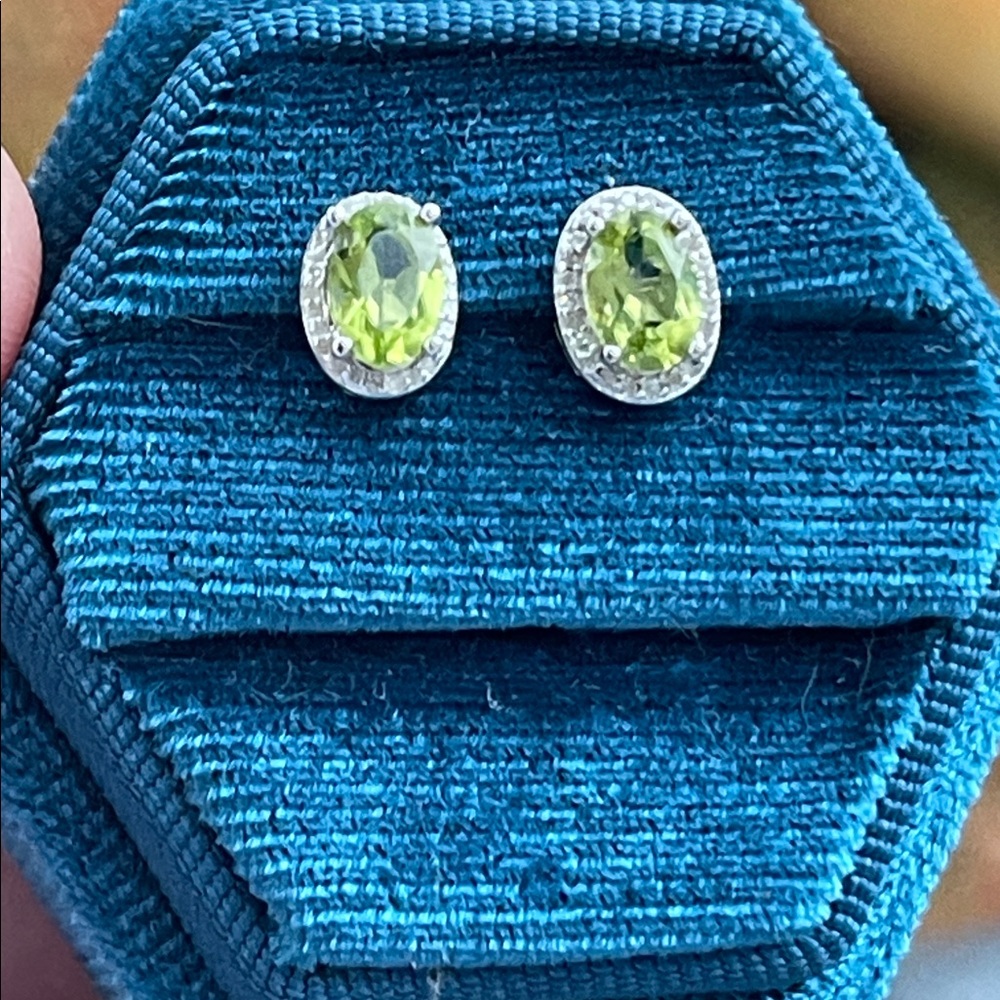 Genuine Peridot 6x4mm & Diamond Sterling Earrings